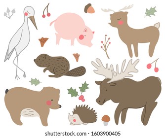 A set of hand drawn cute woodland animals. Deer, stark, pig, hedgehog, bird, mushroom, acorn, bear. Vector collection perfect for childish decoration clothes, patterns, stickers, cards