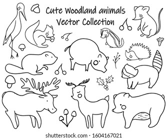 A set of hand drawn cute woodland animals. Racoon, bear, mouse, chipmunk, squirrel,deer, stark, pig, hedgehog, bird, mushroom, acorn, bear . Vector collection perfect for childish decoration clothes,