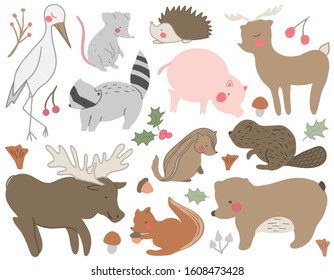 A set of hand drawn cute woodland animals. Racoon, bear, mouse, chipmunk, squirrel,deer, stark, pig, hedgehog, bird, mushroom, acorn, bear . Vector collection perfect for childish decoration clothes,