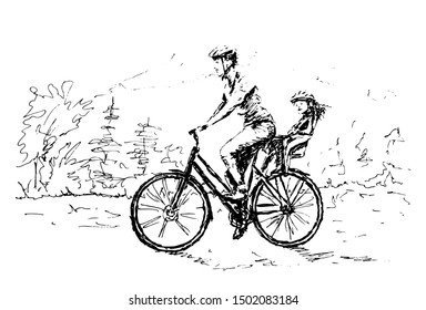Set of hand drawn cyclist. Elements isolated on white background. Black and white sketch with line art.