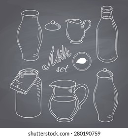 Set of hand drawn dairy farm objects. Milk goods clip art. Chalk style vector illustration. Chalkboard food background