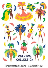 Set of hand drawn dancing people in bright costumes, feathers, masks, text Carnival. Vector illustration. Isolated objects on white background. Flat style design. Element for poster, flyer, banner.