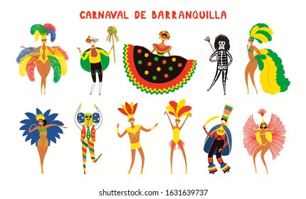 Set of hand drawn dancing people in bright traditional costumes. Vector illustration. Isolated objects on white background. Flat style design. Element for Barranquilla Carnival poster, flyer, banner.