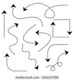 Conjunto de elementos de diseño de flechas discontinuas dibujadas a mano. Ilustración vectorial. Aislado sobre fondo blanco.
