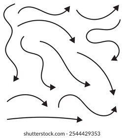 Conjunto de setas tracejadas desenhadas à mão. Ilustração vetorial. Isolado no fundo branco.