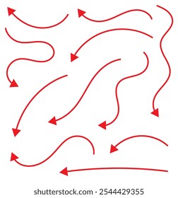 Conjunto de setas tracejadas desenhadas à mão. Ilustração vetorial. Isolado no fundo branco.