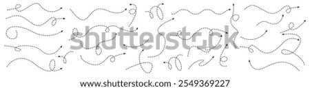 Set of hand drawn dashes line arrows isolated on transparent background. Curved pointers collection.