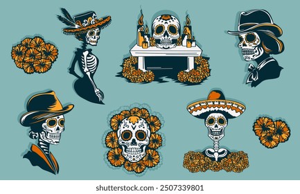 Set of hand drawn Day of the Dead stickers - la Calavera Catrina, skeleton in sombrero, Mexican sugar skulls, altar with candles (ofrenda) and marigold flowers cut out. Dia de los Muertos decoration