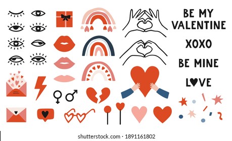 Set of hand drawn Valentine’s Day elements isolated on white background. Hearts, eyes, lips, hands making heart, rainbow, gender symbols. Vector elements for Valentine’s Day and romantic holidays