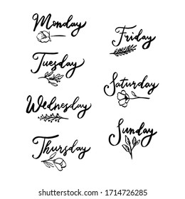 Set of hand drawn days of the week with floral decorate. Hand drawn lettering