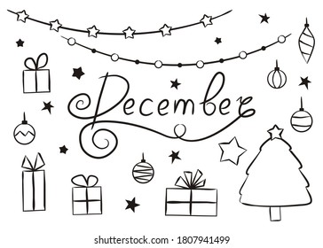 Set of hand drawn december elements isolated on white background. Christmas icons in doodle style. Garlands, stars, gifts, Christmas tree, balls and the handwritten name December. Vector illustration