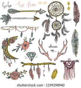 Set of hand drawn decor elements in boho style in color. Feathers, arrows and so on.