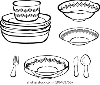 Set of hand drawn decorated tableware, vector illustrations in black and white - plates, bowl, fork, spoon and knife