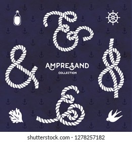 Set of hand drawn decoration ampersands for letters, rope navy design