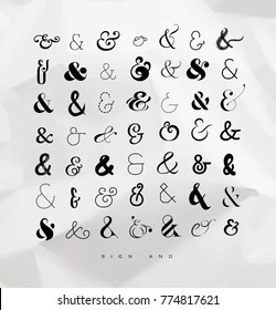 Set of hand drawn decoration ampersands for letters and invitation drawing on crumpled paper background