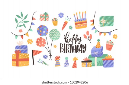 Set of hand drawn decoration with inscription Happy Birthday vector flat illustration. Collection of cone hat, garland flag, present boxes and balloons isolated. Festive objects with design elements