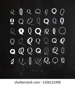 Set hand drawn decoration symbol q for letters and invitation drawing on chalkboard background