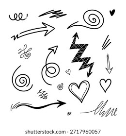 conjunto de mão desenhado setas decorativas corações e redemoinho doodle elementos