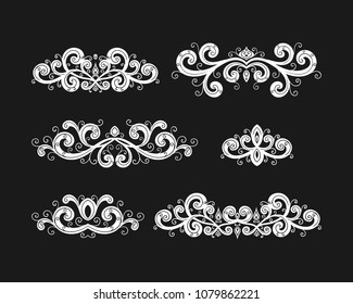 Set of hand drawn decorative borders in retro style. Vintage calligraphic vignette or divider for greeting card, wedding invitation, menu. Swirls ornament and page decoration. Vector illustration.