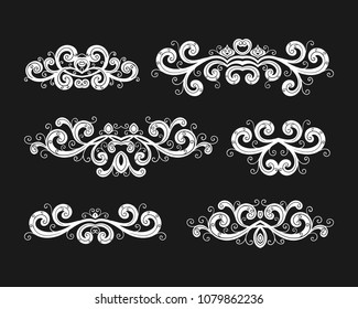 Set of hand drawn decorative borders in retro style. Vintage calligraphic vignette or divider for greeting card, wedding invitation, menu. Swirls ornament and page decoration. Vector illustration.