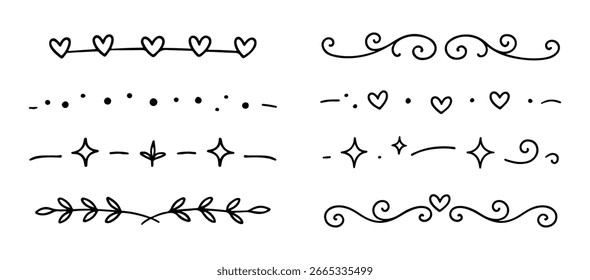 Set of Hand Drawn Decorative Borders with Hearts Stars and Swirls Elements