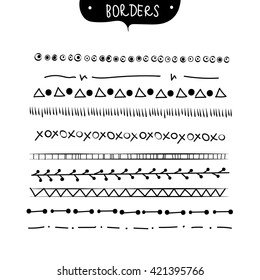 set of hand drawn decorative borders. set of geometric linear dividers.  simple borders for page decoration. vector design elements
