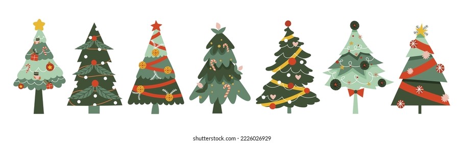 Conjunto de christmas decorativos dibujados a mano ilustración vectorial. Elementos de bolas ornamentales, guirnaldas, estrellas, baubles, huecos, hojas de pino. Diseño para tarjeta, cómic, impresión, afiche, banner, decoración.