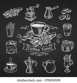 Set of hand drawn decorative coffee icons. Vector illustration