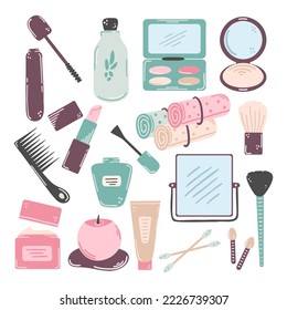 Set of hand drawn decorative cosmetics, face care products isolated on a white background. Doodle, simple flat illustration. It can be used for decoration of textile, paper and other surfaces.