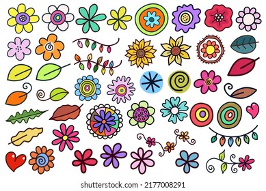 Eine Reihe handgezeichneter, dekorativer Doodle-Elemente aus Blumen, Blättern und Liebestherzen.
