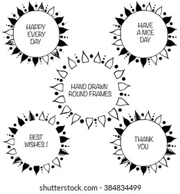 Set of hand drawn decorative doodle round frames. Design vector element with text place for invitations and cards. Boho style.
