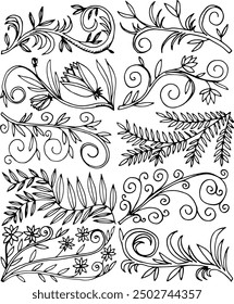 Set of hand drawn decorative elements. Corner decorations. Vector illustration.