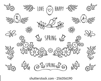 The set of hand drawn decorative elements for your design. Leaves, floral elements. Elements for Valentine's Day, mother's day, birthday, wedding, easter. Doodles, sketch. Vector illustration.