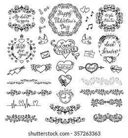 Set of hand drawn decorative  elements for Valentine's Day, mother's day, birthday, wedding. Doodles, sketch. Vector illustration.