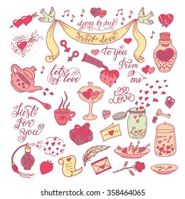 Set of hand drawn decorative  elements for Valentine's Day, mother's day, birthday, wedding. Doodles, sketch. Hand drawn lettering.Vector illustration.