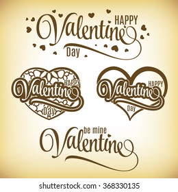 Set of hand drawn decorative  elements for Valentine's Day. Gold hand drawn lettering. Vector illustration.