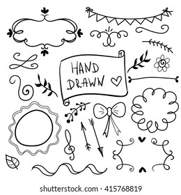 set of hand drawn decorative elements. vector design elements. frames, banners, ribbons bow, arrows, text divider, doodles isoleted on white