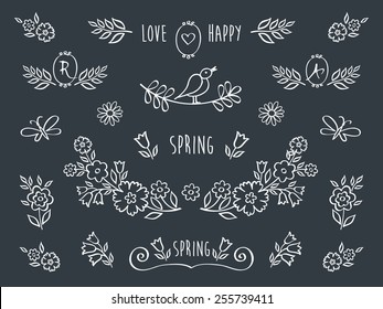 The set of hand drawn decorative floral elements for your design. Hand drawn with chalk on the black chalkboard. Elements for Valentine's Day, mother's day, birthday, wedding, easter. Vector.