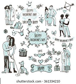 The set of hand drawn decorative floral elements for Valentine's Day, mother's day, birthday, wedding. Vintage heart of flowers. Doodles, sketch. Vector illustration.The set of different people