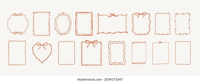 A set of hand drawn decorative frames and borders in a whimsical, aesthetic style. Includes a variety of rectangular, round, and heart-shaped designs featuring ribbons and bows. 