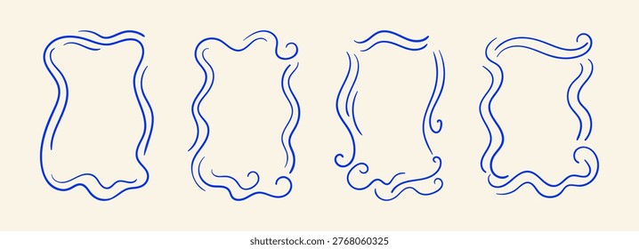 Set of hand drawn decorative frames with wavy lines. Whimsical vintage vector line illustration. Summer quirky ocean waves