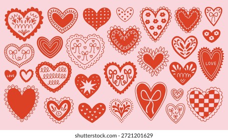 Conjunto de corazones decorativos dibujados a mano con arcos, flores y detalles de encaje en estilo popular lindo. Elementos románticos caprichosos de San Valentín en rojo sobre fondo rosa suave para tarjetas, pegatinas y diseño festivo