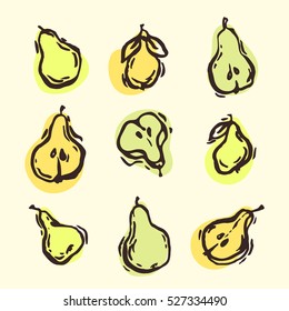 Set of hand drawn decorative linocut pears