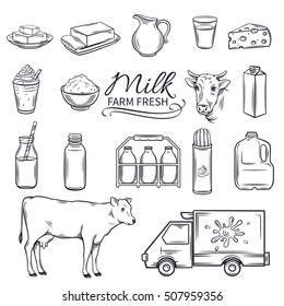 Set Hand drawn decorative milk icons. Vector illustration farm milk product in old ink style.