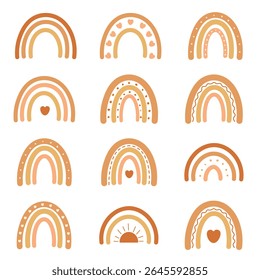 Set of hand drawn decorative rainbows in boho style with hearts dots and sun shapes in soft earthy colors