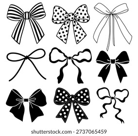 Set of hand drawn decorative ribbon bows in black and white line art style