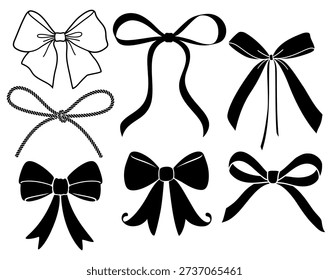 Set of hand drawn decorative ribbon bows in black and white line art style