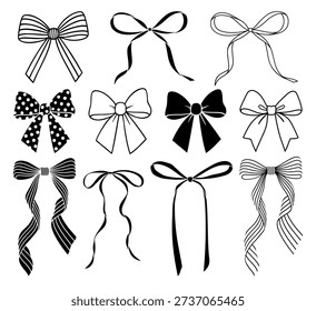Set of hand drawn decorative ribbon bows in black and white line art style