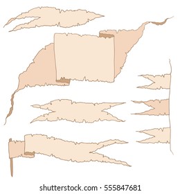 Set of hand drawn decorative ribbons. Grunge paper ribbons sketch collection, ink illustration with outlines, in cream pastel old paper colors