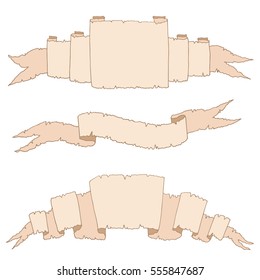 Set of hand drawn decorative ribbons. Grunge paper ribbons sketch collection, ink illustration with outlines, in cream pastel old paper colors